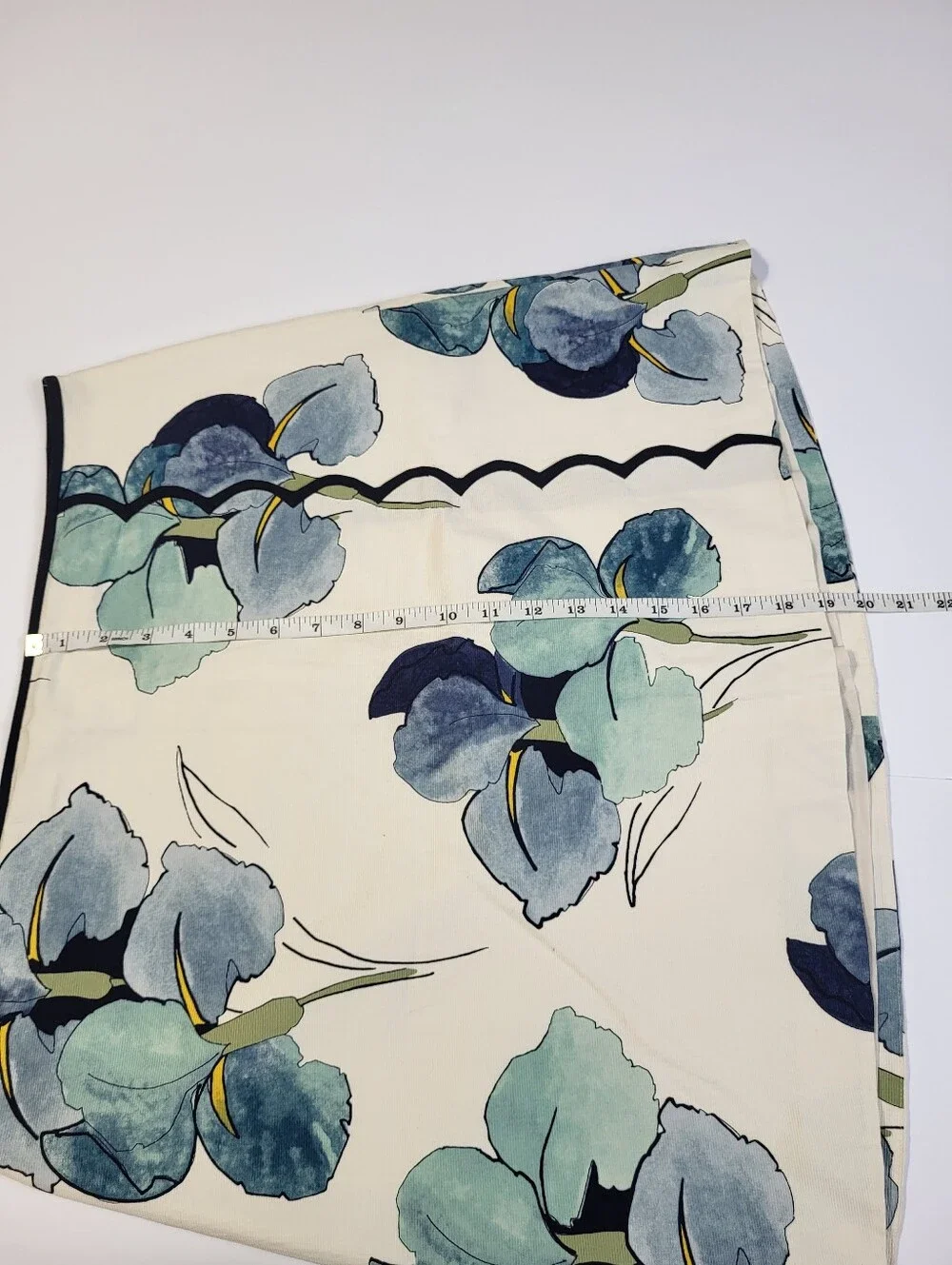 Tory Burch Iris Print A Line Skirt Black Scallop Trim Lined Blue Cream